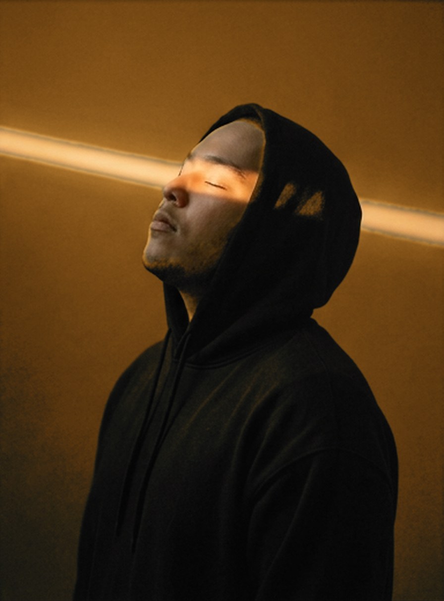 Thomas Day in a black hoodie, eyes closed, a stripe of golden light across his face against an amber wall